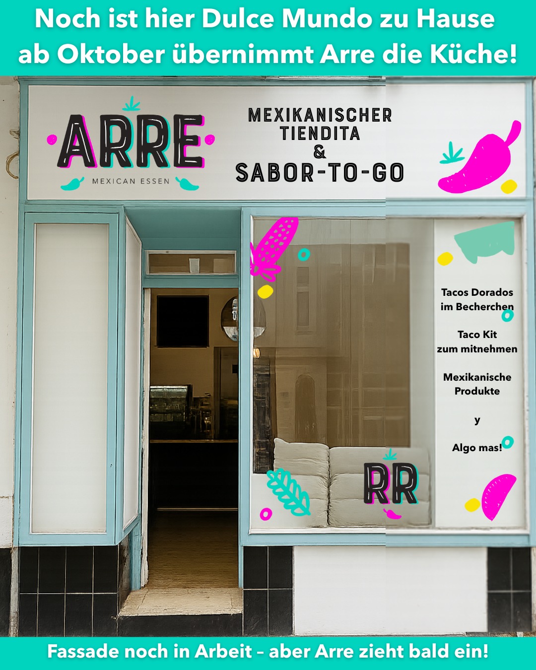 🇲🇽🌮 Ab Oktober 2025: Die erste mexikanische Tiendita mit To-go-Konzept & Halal-Küche! 
Wir sind stolz, etwas ganz Besonderes nach Berlin zu bringen:
Die erste mexikanische Tienda, die nicht nur authentische Produkte aus Mexiko anbietet, sondern auch:
✔️ Tacos Dorados im Becher zum Mitnehmen
✔️ Mexikanische Koch-Kits für zuhause (Taco-Kit, Pozole-Kit u.v.m.)
✔️ Jede Woche ein neues Guisado – frisch & hausgemacht
🕌 Und: Wir sind die Ersten in Berlin, die HALAL mexikanische Gerichte anbieten!
Dieses Konzept haben wir im Juli 2025 angekündigt – und bald wird es Realität!
📍 Charlottenburg – ab Oktober geht’s los!
🖌️ Ein ganz besonderes Highlight: Die wundervolle @atelier.bianca.monroy wird ein Wandgemälde in unserer Tienda gestalten – damit wir beim Reinkommen nicht nur leckere Produkte sehen, sondern auch Kunst & Emotion spüren.
Mil gracias querida Bianca, für dieses Geschenk voller Farbe, Herz und Seele. 💛🎨
✨ Ich lade euch herzlich ein, ihren Account und ihre Seite zu besuchen – und sie zu unterstützen, indem ihr ihre Werke kauft. Ihre Kunst bringt Schönheit in die Welt, und sie verdient unsere Aufmerksamkeit. 🙏
💓 Die Fassade ist noch in Arbeit – aber hier ist schon ein kleiner Vorgeschmack auf das, was bald kommt.
Und natürlich: Gracias a mis amigas, die mich mit ihrem Amor, ihrer Unterstützung und ihren Ideen auf diesem Weg begleiten – jede mit ihrem granito de arena. Sin ustedes, kein Arre.
¡Agárrate Berlin – Arre kommt mit sabor, arte y comunidad!
#ArreMexicanEssen #MexikanischBerlin #TiendaMitTacos #HalalMexicanFood #BiancaMonroyArt #Comunidad #TiendaYToGo #GuisadoToGo #KunstUndKulinarik #SupportYourArtists #Frauenpower